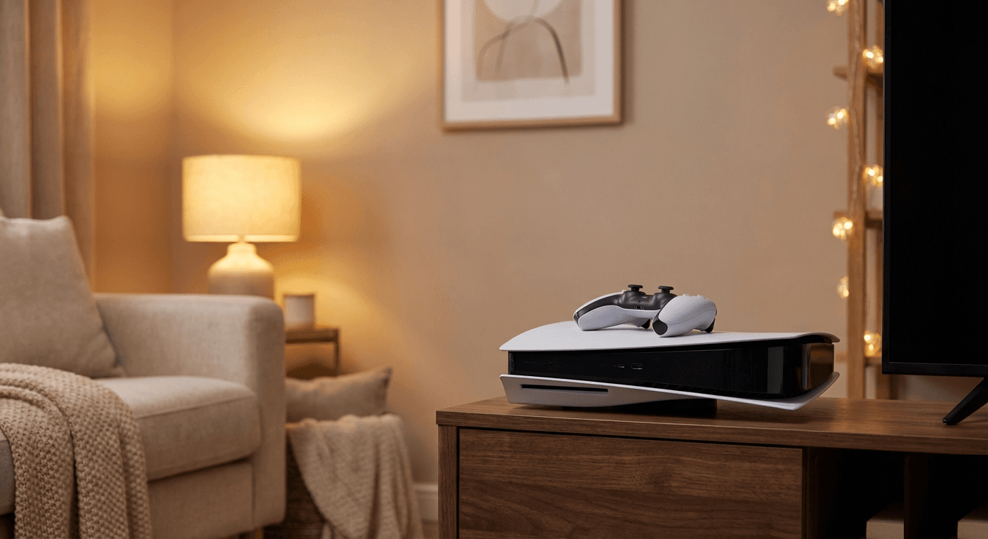 PS5 console on a wooden TV unit in a South African living room