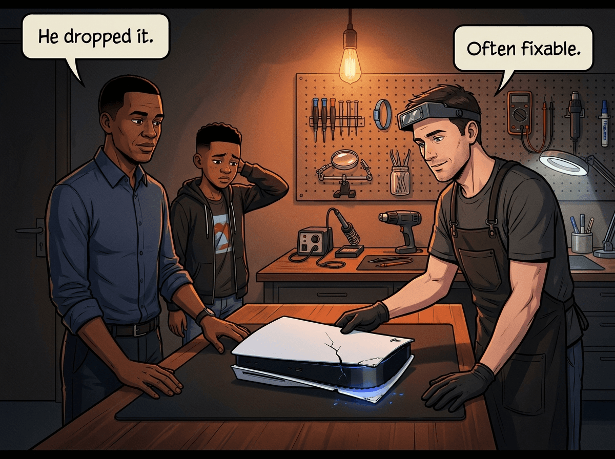 Illustrated graphic-novel scene of a black South African father gesturing toward a dropped PS5 on the workshop bench, his sheepish teenage son standing behind him, with a Console Service Centre technician inspecting it. Speech bubbles read 'He dropped it.' and 'Often fixable.'