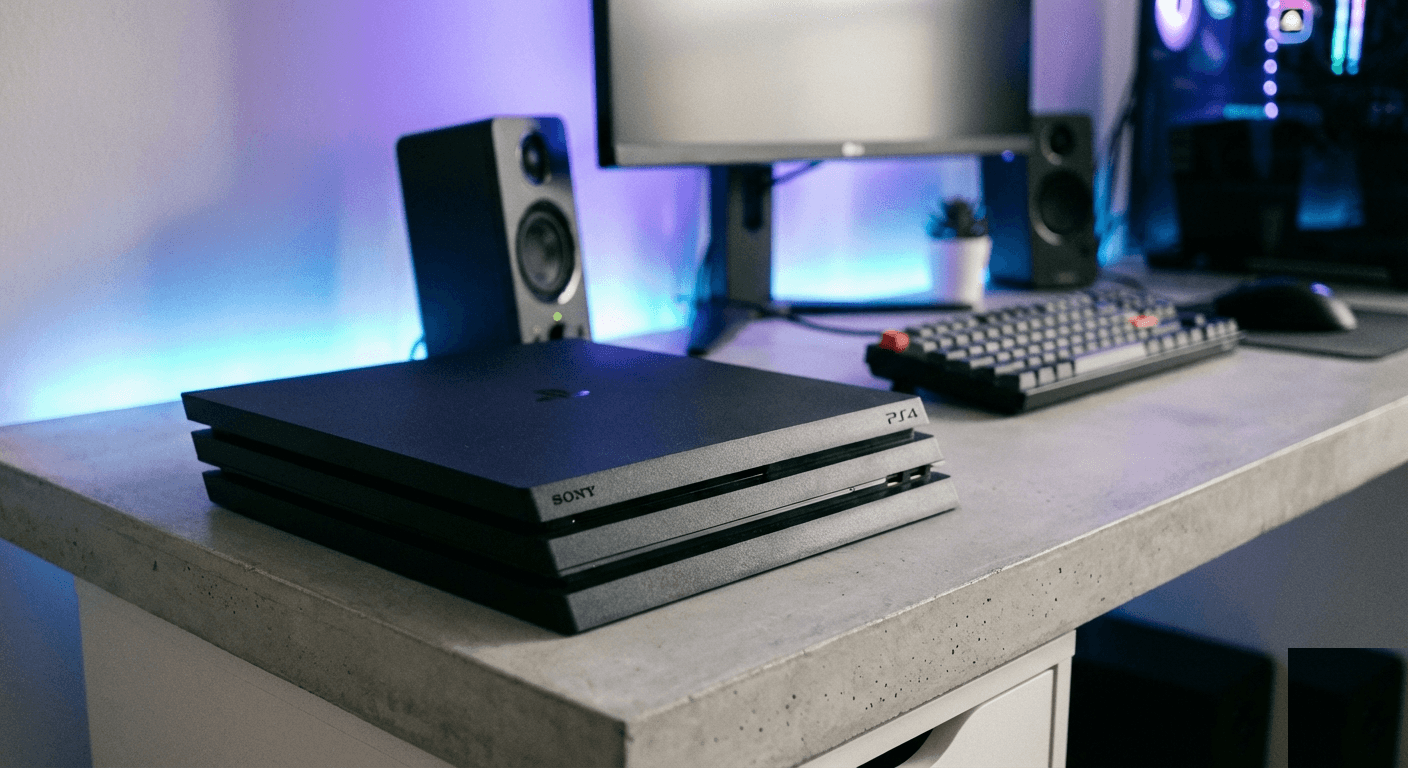 PS4 Pro console on a grey desk with purple and blue LED ambient lighting in a modern gaming setup
