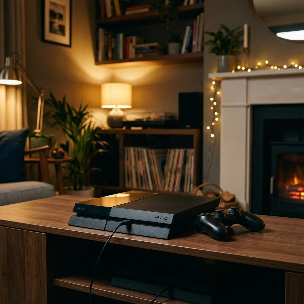 PS4 console on a wooden TV stand in a living room, showing the common PS4 turns on and off shutdown problem