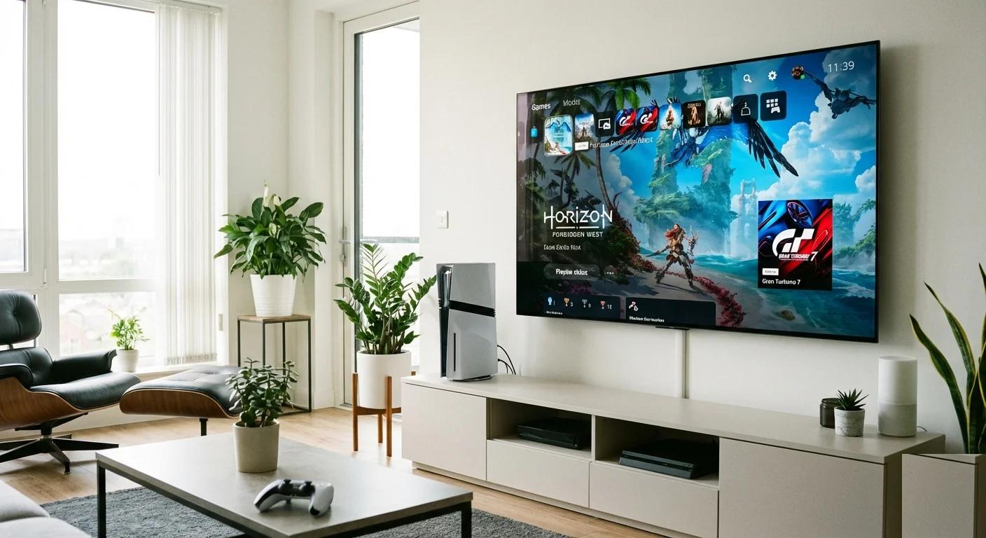 PS5 Pro console standing vertically next to a wall-mounted TV in a modern living room