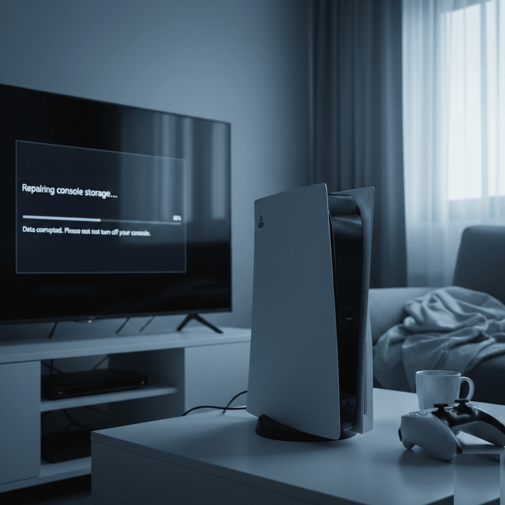 PS5 console in rest mode with orange light indicator showing storage repair screen