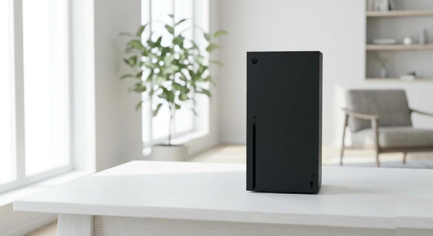 Xbox Series X console standing upright on a white desk in a bright minimalist living room with a green plant and natural window light