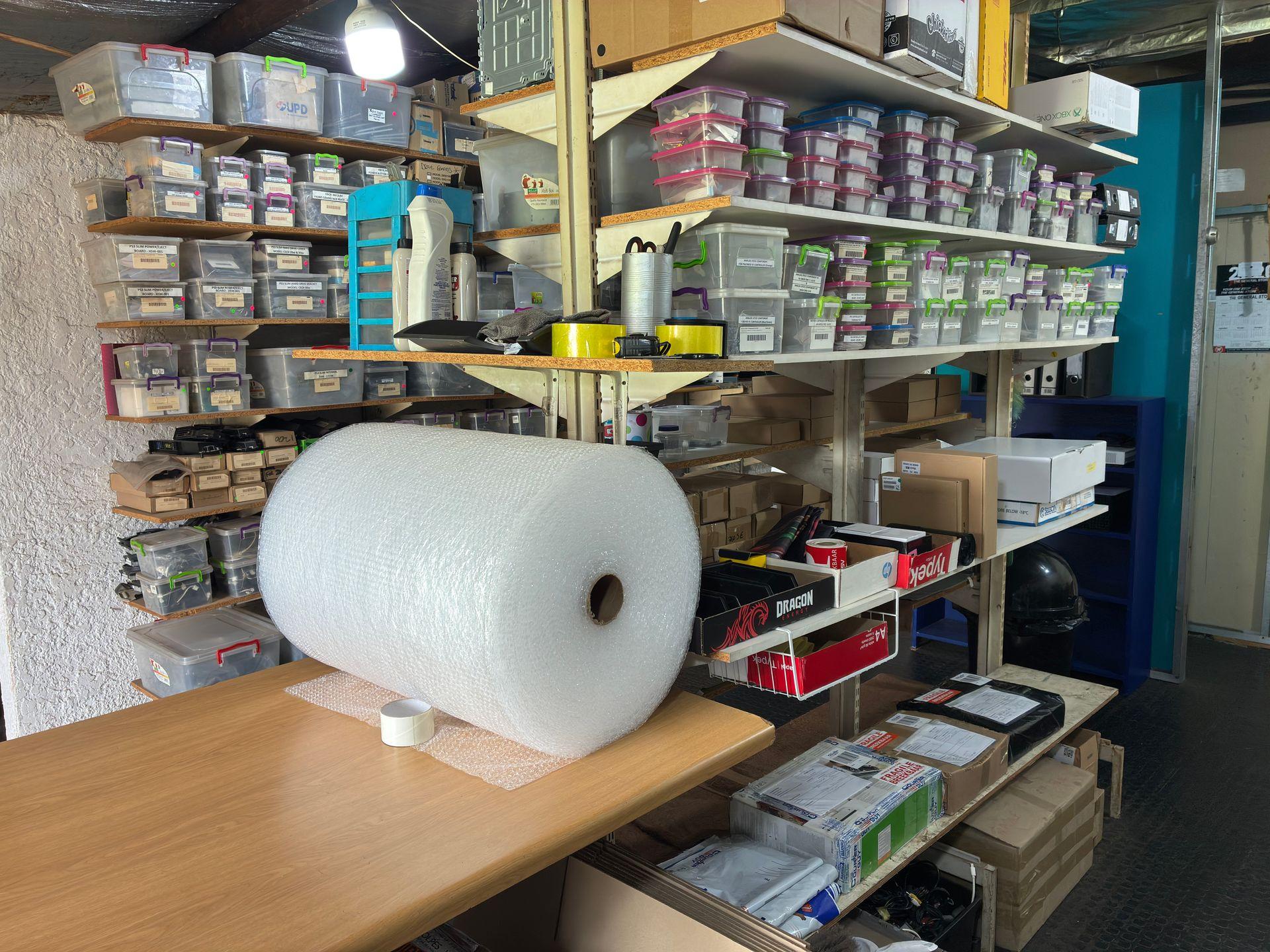 Console Service Centre packing station with bubble wrap for secure courier packaging